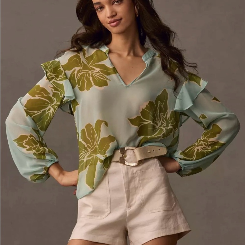 Anthropologie Hutch XXS Olive & Aqua Floral Ruffle Sleeve V Neck Sheer Blouse